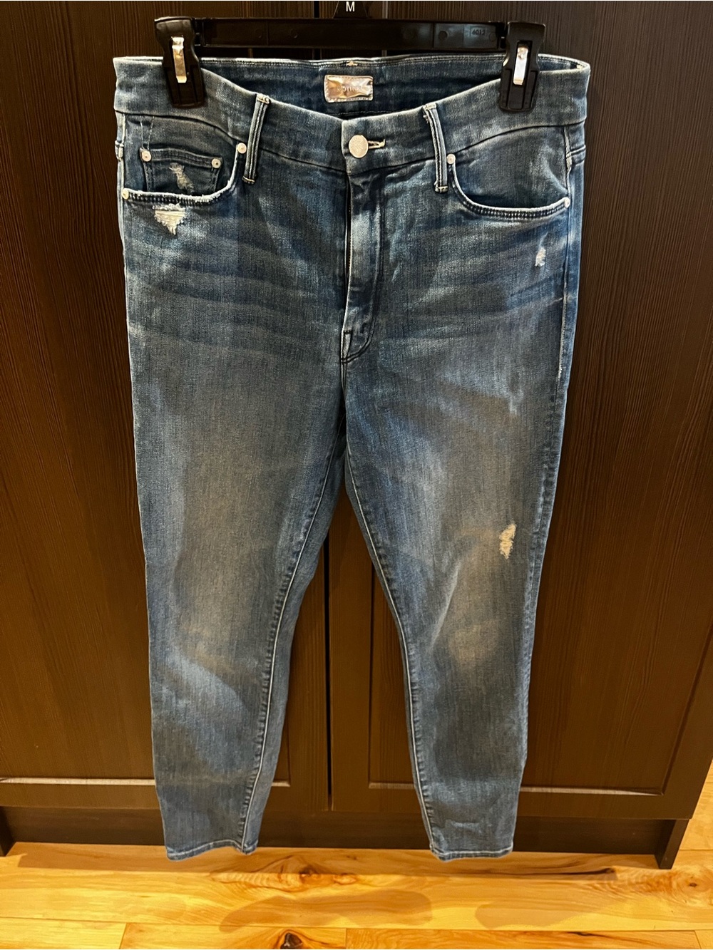 MOTHER Women's Skinny Jeans in Medium Blue Distressed Wash